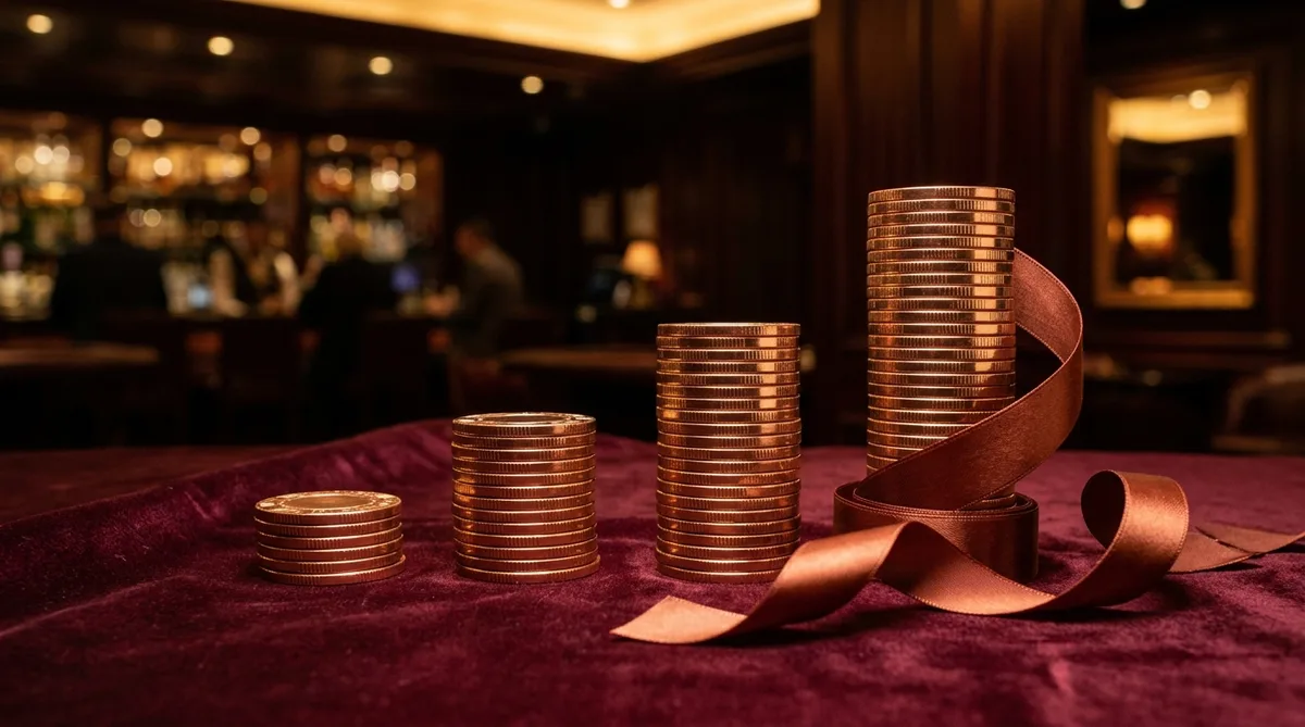 Four ascending stacks of gold chips under a copper glow, a gift ribbon motif